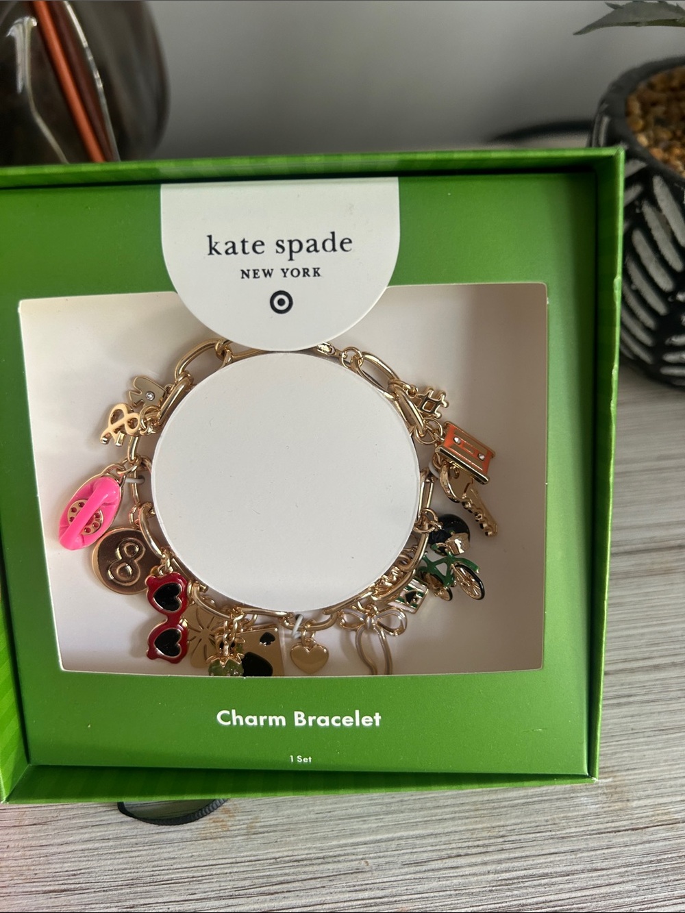 kate spade/ target Gold Charm Bracelet with Pink and Black Enamel Accents